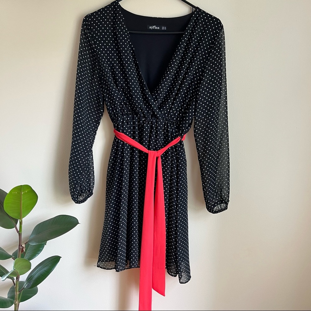 Midi dress, polka dot with sheer sleeves